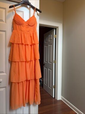 Birdy Grey Lola Chiffon Dress Apricot Orange Tiered Spaghetti-Strap Maxi